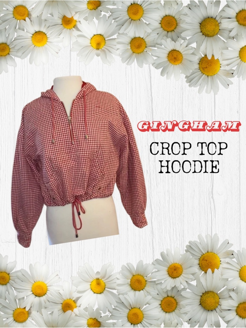 Vintage red/white gingham cropped hoodie